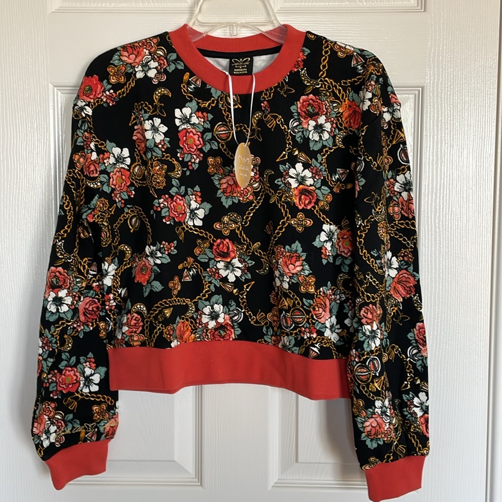 NEW! Laila Ali Floral Long Sleeve Floral Sweatshirt Pullover Black/Coral, M & L